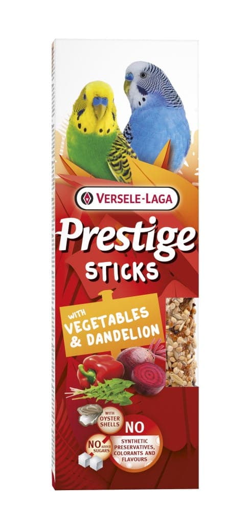 Versele Laga - Prestige Sticks Small Parakeets, vihanneksilla ja voikukalla 60 g - tikut vihanneksilla ja voikukalla pienille undulaateille