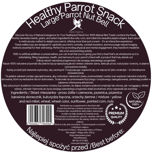 Parrot Planet - Parrot Bell WALNUT - JÄTTIPÄHKINÄ - herkku kaikille isommille papukaijoille 330 g