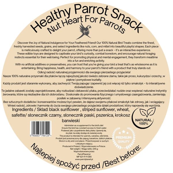 Parrot Planet - Papukaijan sydän - PÄHKINÄ - JÄTTIPÄHKINÄ - herkku kaikille papukaijoille 245 g
