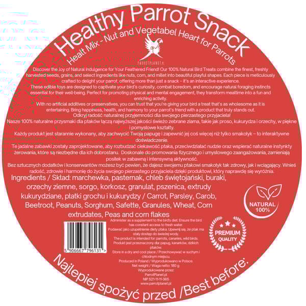Parrot Planet - Papukaijan sydän - PÄHKINÄ-KASVIKSET - XL - välipala kaikille papukaijoille 180 g