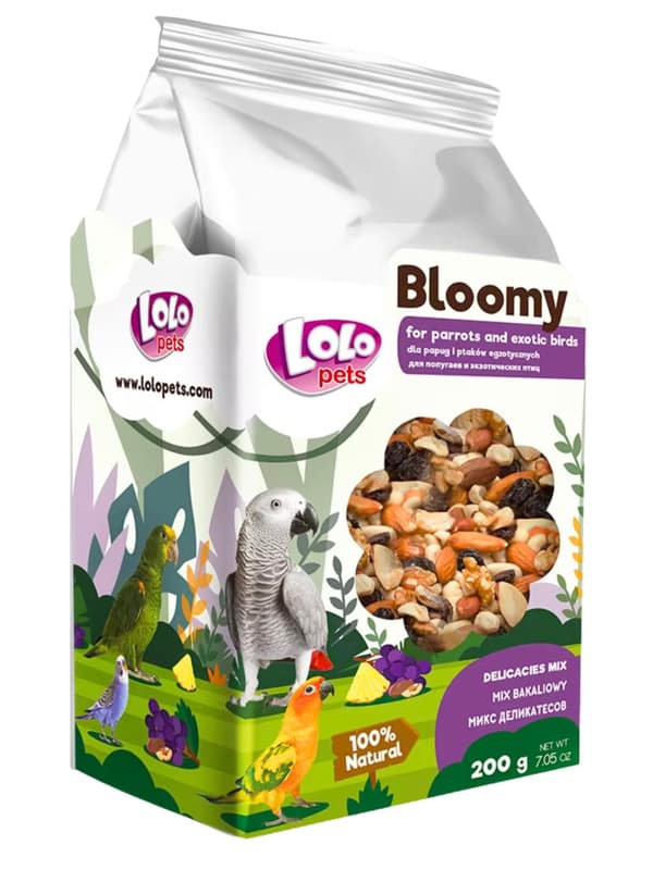 LoLo Pets Bloomy Mix av torkad frukt för papegojor och exotiska fåglar 200 g