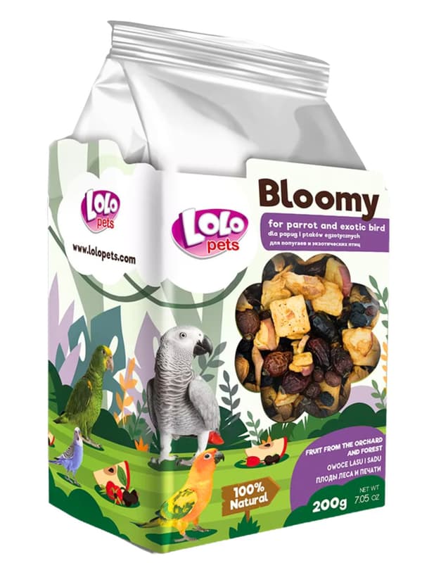 LoLo Pets Bloomy Fruits of the Forest and Orchard för papegojor och exotiska fåglar 150g