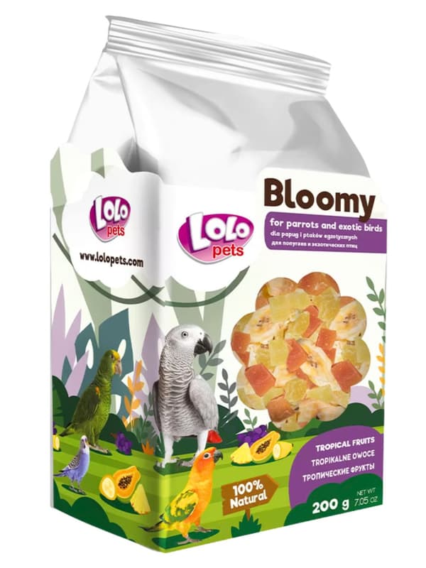 LoLo Pets Bloomy Tropiska Frukter för Papegojor och Exotiska Fåglar 200g