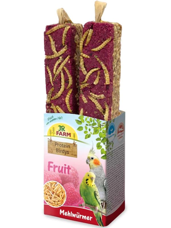 JR FARM Protein-Birdys Fruktmjölmaskar - Läcker sockerkaka med hallon, äpplen och mjölmaskar för alla papegojor