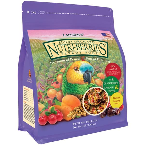 Lafeber NutriBerries Sunny Orchard - Ruoka: viljaa ja hedelmätarhan hedelmiä pallon muotoisina keskikokoisille ja suurille papukaijoille 1,36 kg