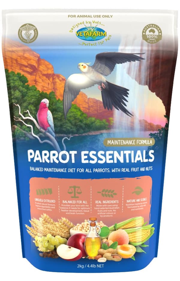 VETAFARM - PARROT ESSENTIALS - Ympärivuotiset PÄHKINÄ-HEDELMÄ-rakeet KAIKILLE PAPAJAUKOILLE 2kg