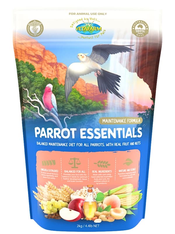 VETAFARM - PARROT ESSENTIALS - Ympärivuotiset PÄHKINÄ-HEDELMÄ-rakeet KAIKILLE PAPAJAUKOILLE 2kg