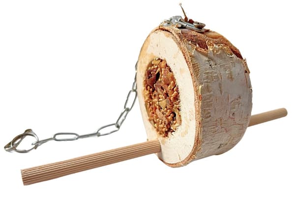Rund träbit med frukter och frön - för små och medelstora papegojor