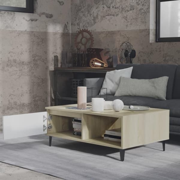 vidaXL sofabord 90x60x35 cm spånplade hvid og sonoma-eg
