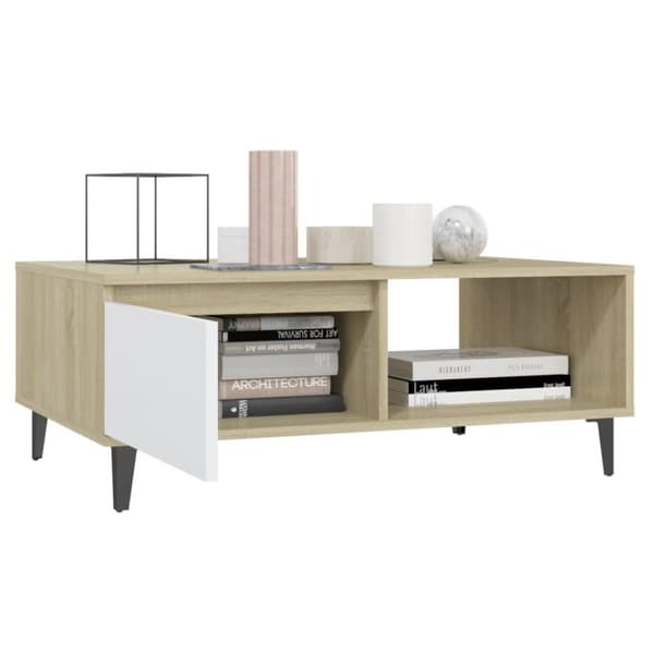 vidaXL sofabord 90x60x35 cm spånplade hvid og sonoma-eg