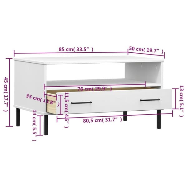 vidaXL Salongbord med metallben hvit 85x50x45 cm heltre OSLO