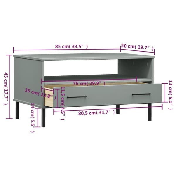 vidaXL sofabord med metalben OSLO 85x50x45 cm massivt træ grå