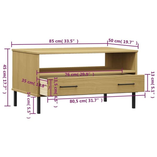 vidaXL sofabord med metalben OSLO 85x50x45 cm massivt træ brun