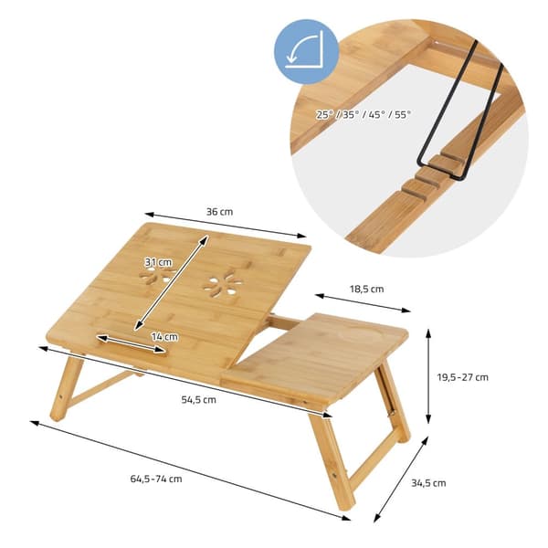 ML-Design Laptoptabel i bambus til sengen/sofaen; justerbar i højden og sammenklappelig; 4 forskellige vinkler; til læsning og morgenmad;
