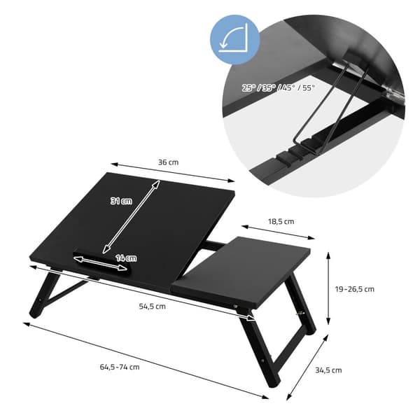 ML-Design Laptoptabel til seng/sofa; Sort; Træ; Højdejusterbar; Foldbare ben; 4 hældningsvinkler; Lapdesks til læsning og morgenmad; Laptopstander