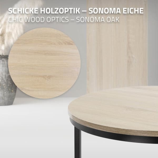 ML-Design Sidobord 2-pack rund Ø40x44cm/Ø60x52cm; Sonoma-Ek MDF-skiva; Svarta metallramar; Sidobord-set; Satbord i 2 storlekar; 2-delat