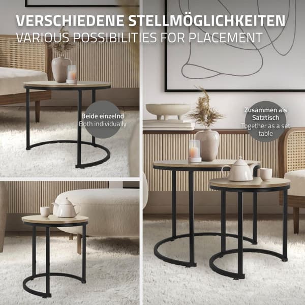 ML-Design Sidobord 2-pack rund Ø40x44cm/Ø60x52cm; Sonoma-Ek MDF-skiva; Svarta metallramar; Sidobord-set; Satbord i 2 storlekar; 2-delat