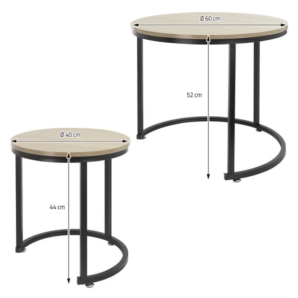 ML-Design Sidobord 2-pack rund Ø40x44cm/Ø60x52cm; Sonoma-Ek MDF-skiva; Svarta metallramar; Sidobord-set; Satbord i 2 storlekar; 2-delat