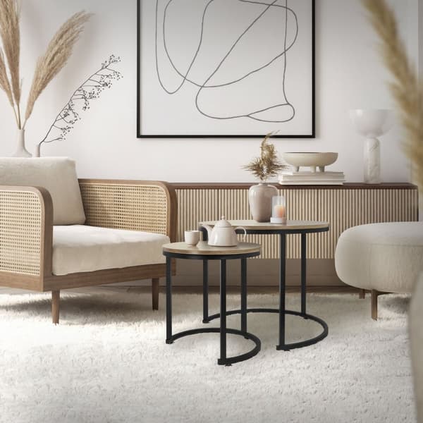 ML-Design Sidobord 2-pack rund Ø40x44cm/Ø60x52cm; Sonoma-Ek MDF-skiva; Svarta metallramar; Sidobord-set; Satbord i 2 storlekar; 2-delat