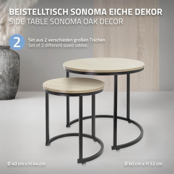 ML-Design Sidobord 2-pack rund Ø40x44cm/Ø60x52cm; Sonoma-Ek MDF-skiva; Svarta metallramar; Sidobord-set; Satbord i 2 storlekar; 2-delat