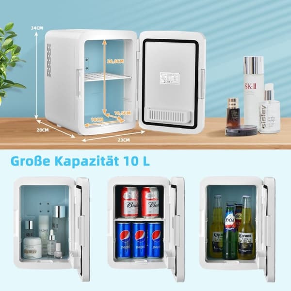 Minikjøleskap 10 L bærbart kjøleskap med LED-speil 23 x 28 x 34 cm Hvit