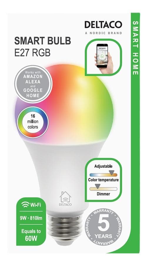 DELTACO SMART HOME RGB LED lamp, E27, WiFI 2.4GHz, 9W, 810lm, dimmable, 16m colors, 220-240V, white