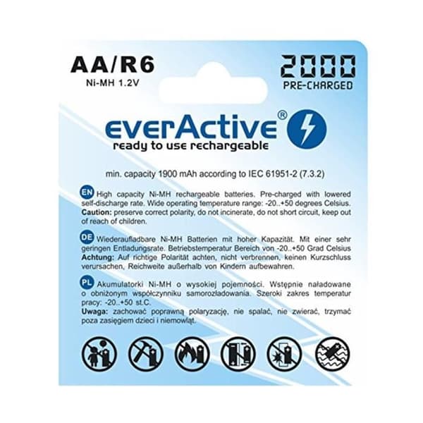 Batterier R6 AA - everActive - 2000mAh - Ni-MH - Uppladdningsbara - 4 stycken
