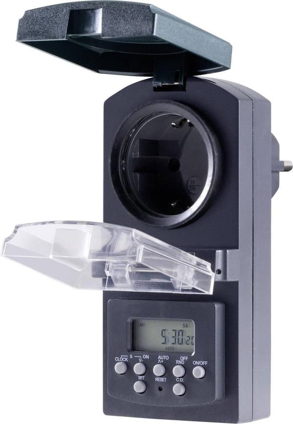 Basetech BT-2106308 Stikkontakt timer Digitalt Ugeprogram 1800 W IP44 Nedtællingsfunktion, Tilfældig funktion