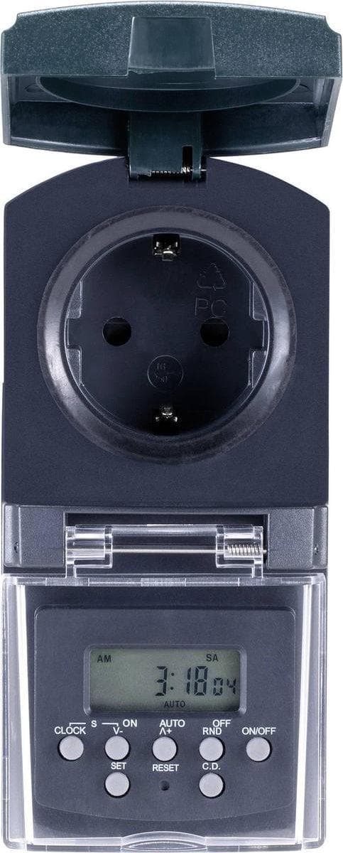 Basetech BT-2106308 Stikkontakt timer Digitalt Ugeprogram 1800 W IP44 Nedtællingsfunktion, Tilfældig funktion