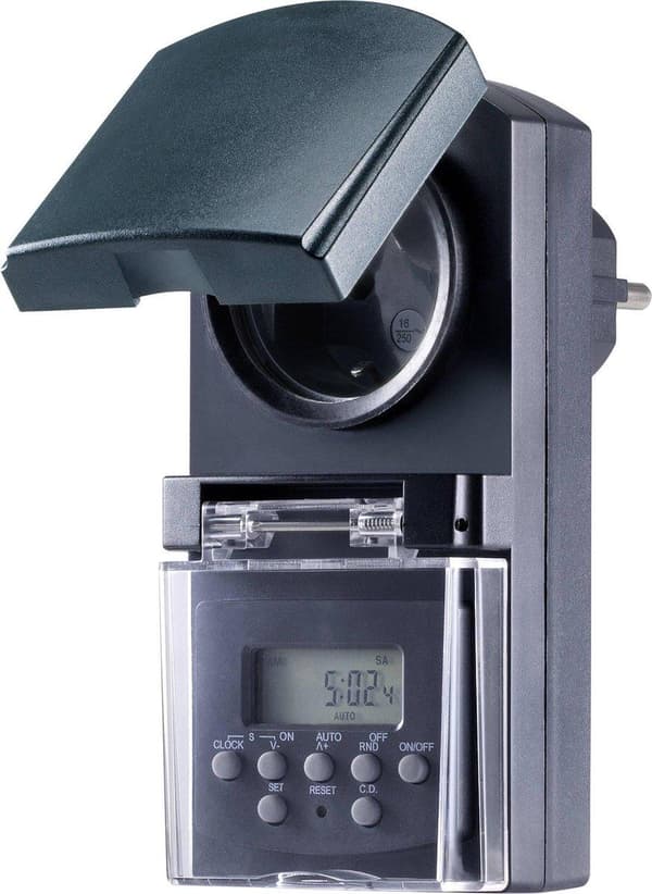 Basetech BT-2106308 Stikkontakt timer Digitalt Ugeprogram 1800 W IP44 Nedtællingsfunktion, Tilfældig funktion