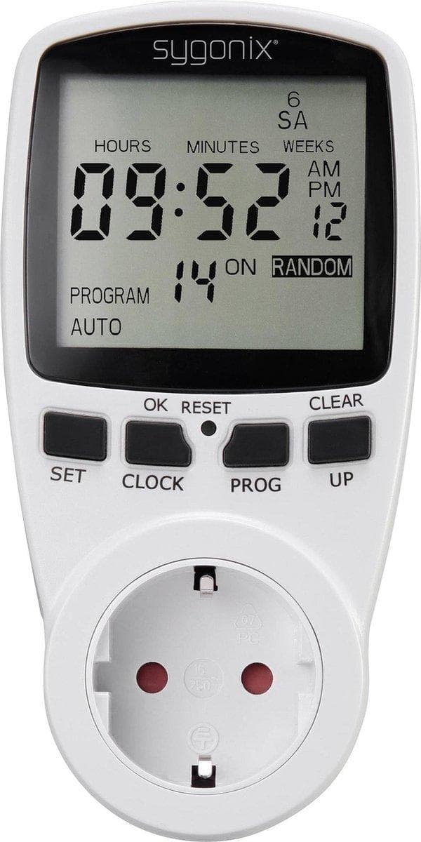 Sygonix 1625525 Stikkontakt timer Digitalt Ugeprogram 3680 W Timerfunktion, START/STOP funktion, Tilfældig funktion