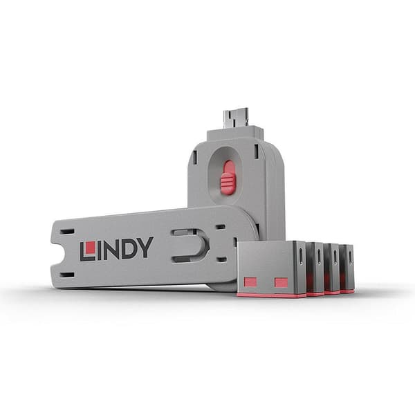 Lindy USB-portlås (4 styk) med nøgle: Kode RØD - P (40450)