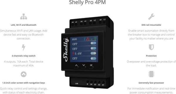 Shelly 4Pro PM Shelly DIN-skinnerelæ Bluetooth, Wi-Fi (Shelly 4Pro PM)