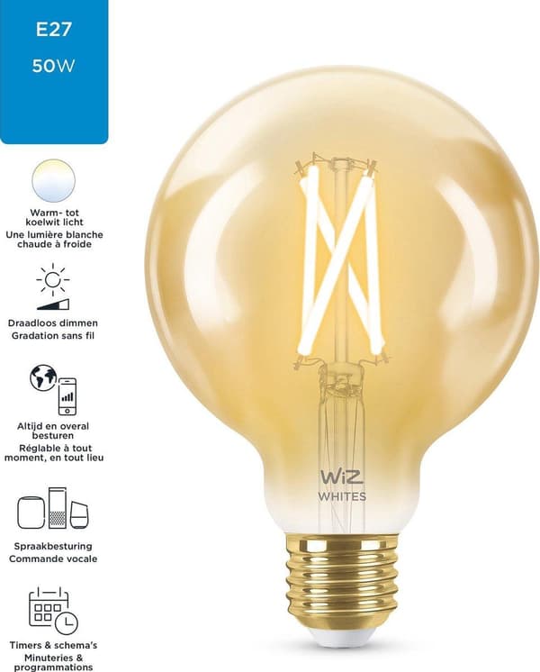 WiZ Globe Filament Slimme LED Verlichting - Warm tot Koelwit Light - E27 - 50W - 95 mm - Guld - WiFi