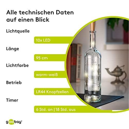 Goobay 10 LED-flaskljuskedja, inkl. timer, silver-ljusbrun - atmosfärisk ljusdekoration för glasflaskor (49855)