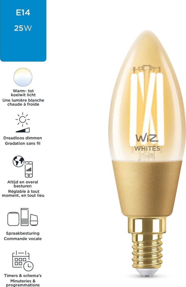WiZ LED-glödlampa ljus Amber C35 E14 - Smart glödlampa - Guld - Wi-Fi - E14 - Multi - 2000 K [Energiklass G] (929002419001)
