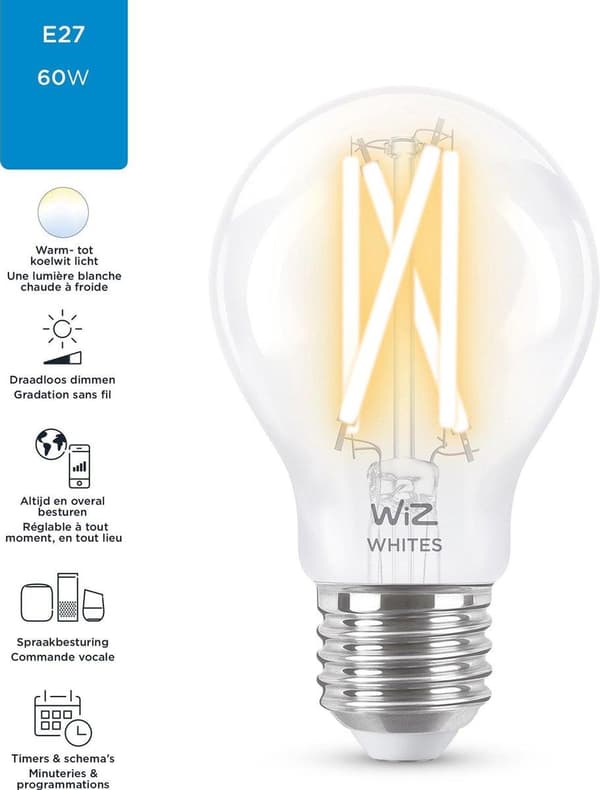 WiZ 8718699787158 Glödtråd LED-lampa E27, Typ: Smart glödlampa, Produktens färg: Transparent, Gränssnitt: Wi-Fi, AC-ingångsspänning: 220 - 240 V, AC-i