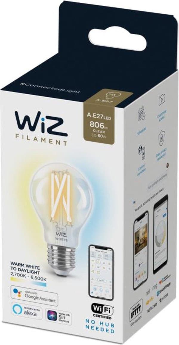 WiZ 8718699787158 Glödtråd LED-lampa E27, Typ: Smart glödlampa, Produktens färg: Transparent, Gränssnitt: Wi-Fi, AC-ingångsspänning: 220 - 240 V, AC-i