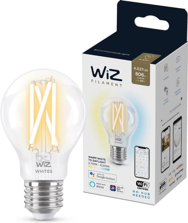 WiZ 8718699787158 Glödtråd LED-lampa E27, Typ: Smart glödlampa, Produktens färg: Transparent, Gränssnitt: Wi-Fi, AC-ingångsspänning: 220 - 240 V, AC-i