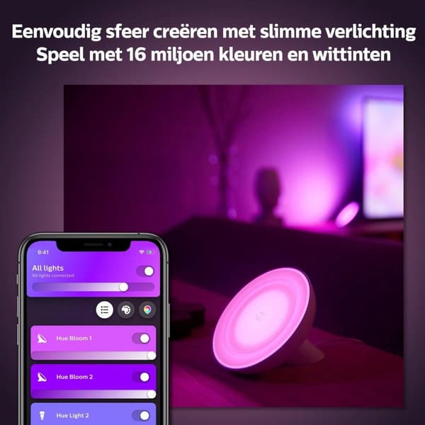 Philips Hue White & Col. Amb. LED bordlampe Bloom, sort, dæmpbar, 16 millioner farver, kontrollerbar via app, kompatibel med Amazon Alexa (Echo, Echo