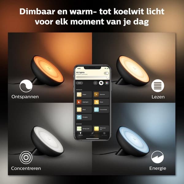 Philips Hue White & Col. Amb. LED bordlampe Bloom, sort, dæmpbar, 16 millioner farver, kontrollerbar via app, kompatibel med Amazon Alexa (Echo, Echo