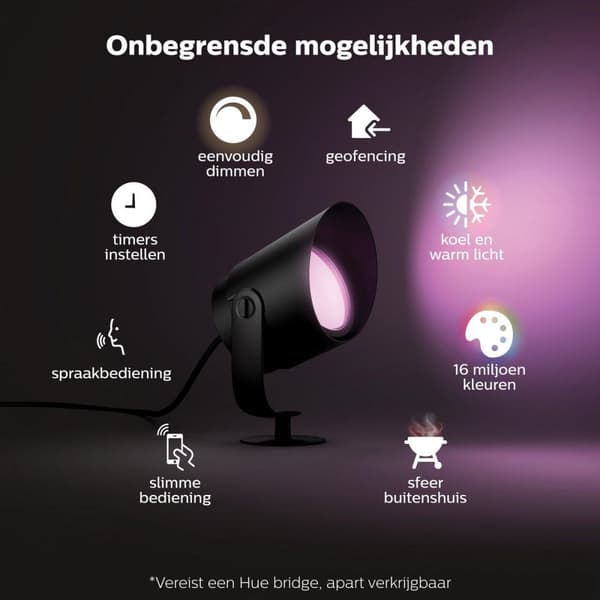 Philips Hue White & Col. Amb. Lily XL 1-flag spot, 1050lm lavspændingsudvidelse, til udendørs brug, 16 millioner farver, kontrollerbar via app, kompat