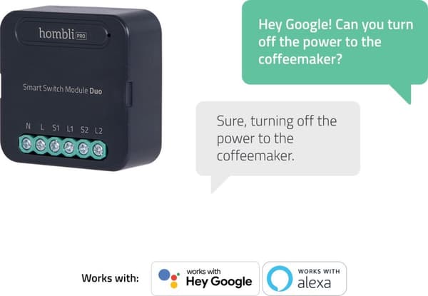 Hombli Smart Switch Modul | Eftermonter WiFi-switch til dobbeltvægkontakt eller stikkontakt - Styring via mobilapp - Ingen hub påkrævet