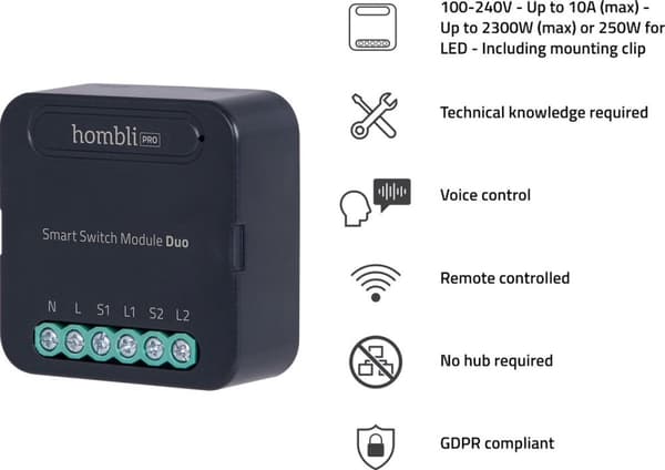 Hombli Smart Switch Modul | Eftermonter WiFi-switch til dobbeltvægkontakt eller stikkontakt - Styring via mobilapp - Ingen hub påkrævet