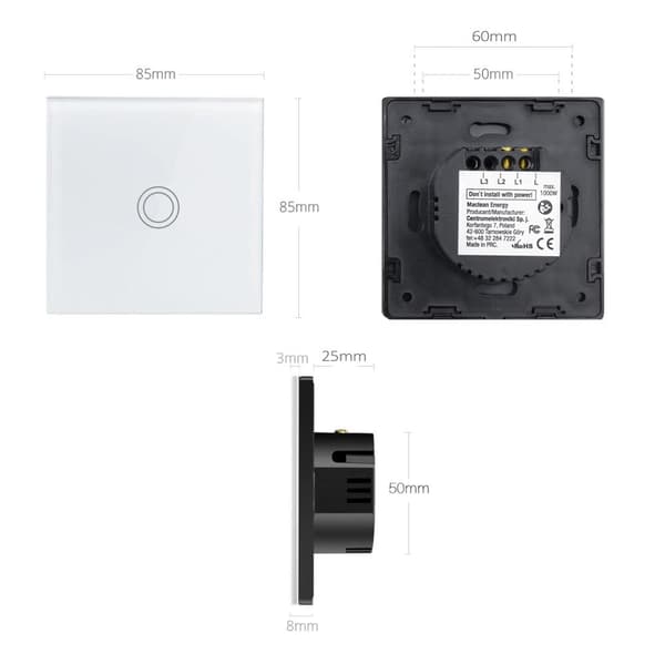 Maclean Energy MCE702W Touch lyskontakt, enkelt, glas, hvid med rund knap,