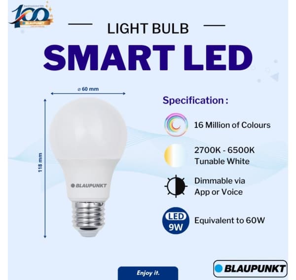 Blaupunkt älypolttimo LED Smart Monivärinen E27 A60 900lm 9W 2500-8000K WiFi + Bluetooth Tuya