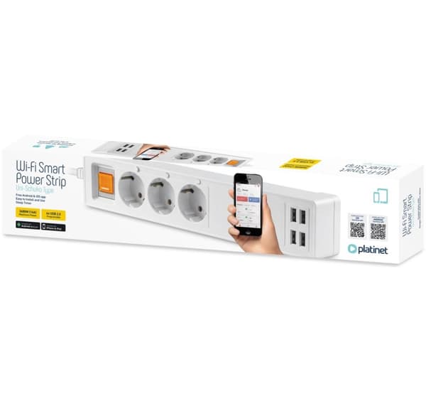 Platinet skjøteledning 3 kontakter USB WiFi Tuya 1,8m, hvit (45507)