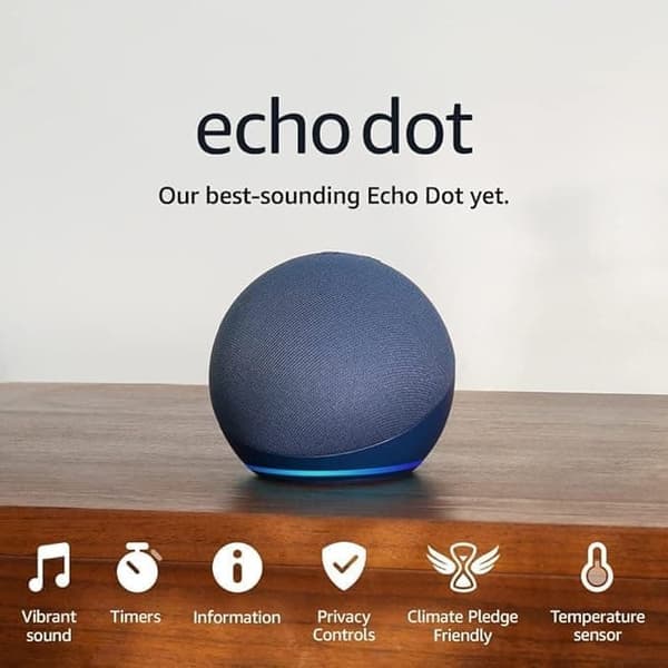 Echo Dot (5. generation) | Stor Levende lyd Wi-Fi og Bluetooth Smart Højttaler med Alexa, Dyb havblå
