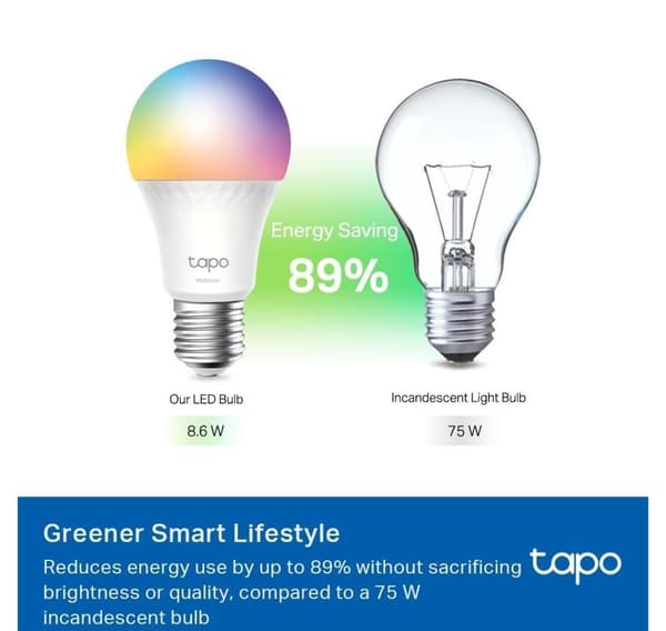 Smart glödlampa, Tp-link, strömförbrukning 8,6 watt (ljusflöde 1055 lumen, 6500 k, 240v, strålvinkel 220 grader)