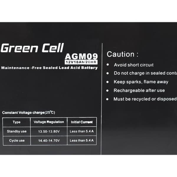 AGM-batteri - Green Cell - 12V 18Ah - Förtunning av elektrolyten förhindrad - Gratis underhåll - Olika tillämpningar